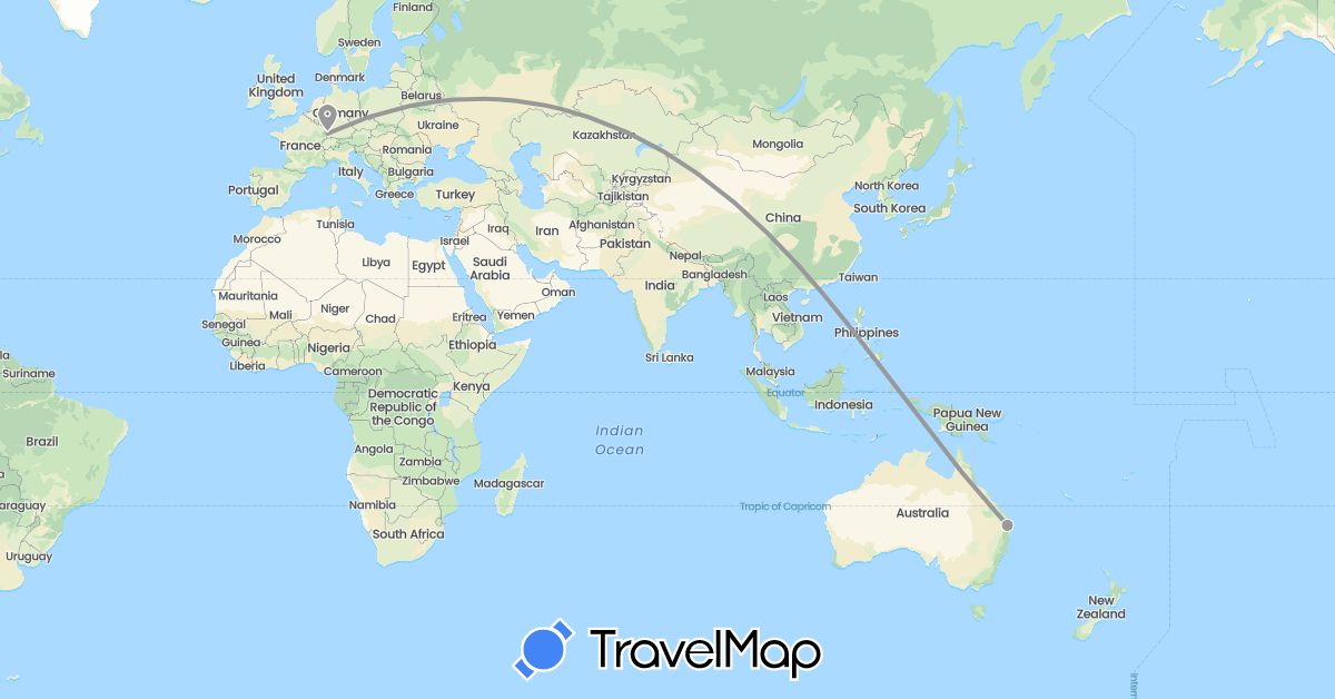 TravelMap itinerary: driving, plane in Australia, Germany (Europe, Oceania)